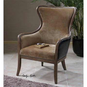 Bowery Hill 18'' Traditional Wood/PU Wing Accent Chair in Tan