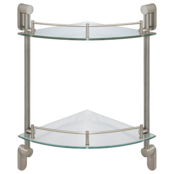MODONA's 11.5" Double Glass Corner Shelf With Rail, Satin Nickel