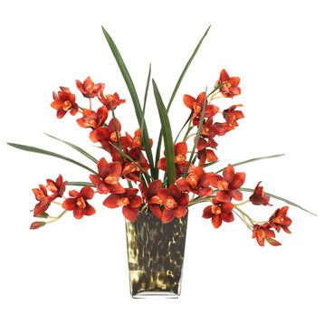 Waterlook® Rust Cymbidium Orchids with Foliage in Leopard-Spotted Glass Vase