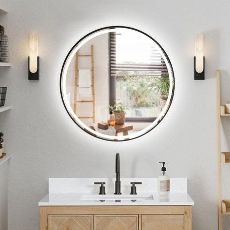 Palme Round Framed Bathroom/Vanity LED Lighted Wall Mirror, Matte Black, 24"