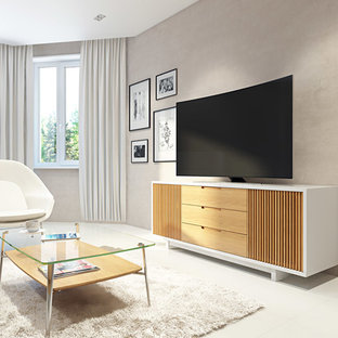 Cette image montre une salle de cinéma minimaliste de taille moyenne et fermée avec un mur blanc, béton au sol, un téléviseur fixé au mur et un sol blanc.