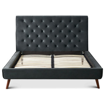 Westerman Midcentury Velvet Tufted Solid Wood Platform Bed, Grey, Queen