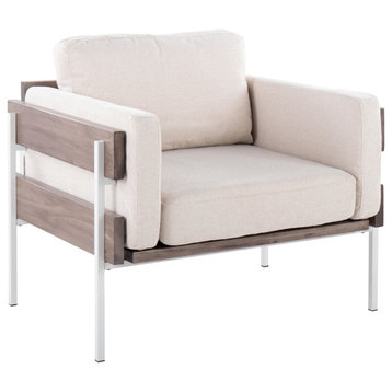 Kari Accent Chair, White Metal, Gray Wood, Cream Fabric