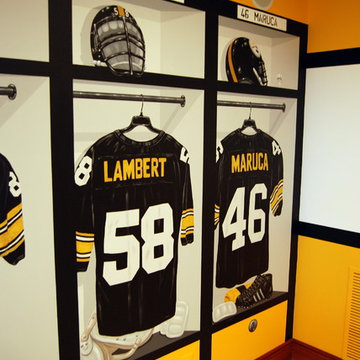 Pittsburgh Steelers 1970's Themed Locker Room Murals in a Home Gym/Game Room