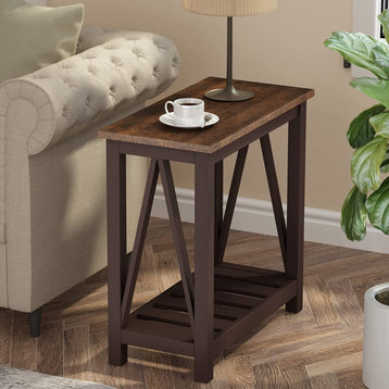 Rustic Vintage Narrow End Side Table with Storage Shelf for Small Spaces