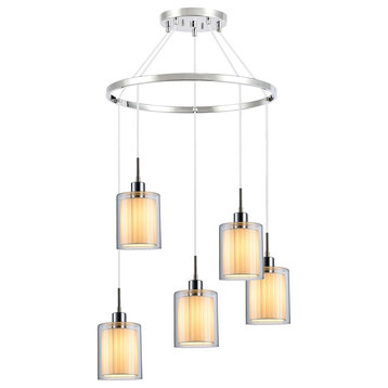 Alaina 5L Pendant Chandelier, Chrome, Clear Glass/Off-White Pleated Shade