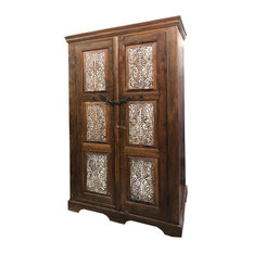 Consigned Carved Cabinet, Handcrafted Reclaimed Wood Wardrobe Armoire