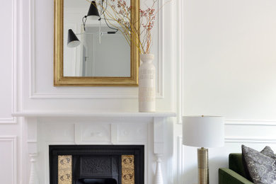 Inspiration for a contemporary open concept family room remodel in Toronto with white walls, a standard fireplace, a metal fireplace and no tv