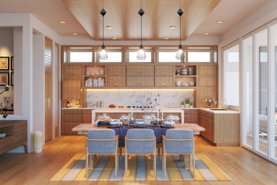 Example of a large minimalist l-shaped light wood floor and brown floor eat-in kitchen design in DC Metro with an undermount sink, flat-panel cabinets, light wood cabinets, solid surface countertops, white backsplash, marble backsplash, paneled appliances and an island