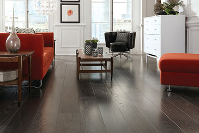 Inspiration for a transitional open concept living room in Boston with dark hardwood floors.