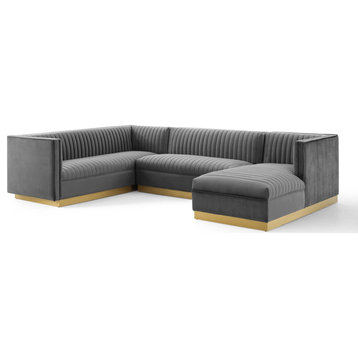 Sectional Sofa Set, Velvet, Gray, Modern, Living Lounge Hotel Hospitality