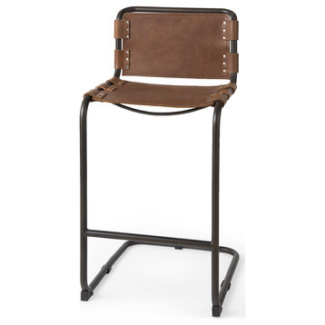 Berbick 43" Total Height Medium Brown Leather With Iron Frame Bar Stool