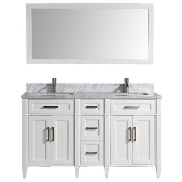 60" sl sink vanity set, carrara marble top, soft closing doors, drawers, White