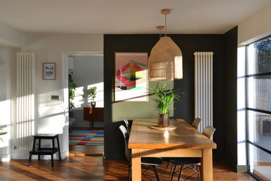 Modelo de comedor de cocina contemporáneo grande con paredes verdes y suelo de madera en tonos medios