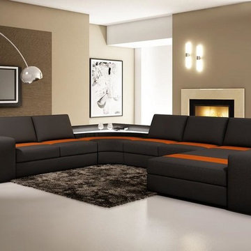 Black & Orange Bonded Leather Sectional Sofa with Chaise