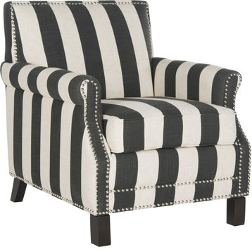 Easton Club Chair - Black, White Stripe Upholstery, Espresso"Wood