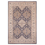 Bareens Designer Rugs - Tribal Heriz Ziegler Lizette Blue Beige Hand-Knotted Rug - 5'11'' x 8'8'' - Enhance the ambiance of your home with this magnificent Persian-influenced Turkish hand-knotted rug made by skilled artisans capable of creating the most exceptional vegetable dyes and hand-spun wool. This exquisite handmade rug is a one-of-a-kind Peshawar Kafkaz, otherwise identified as Chobi, Chobi Peshawar, Oushak, or Ziegler rug. These handmade rugs are crafted in Pakistan utilizing superior-quality wool imported from Australia, New Zealand, and Korea in two types of weaves: the Persian weave and the Mori weave. This rug is meticulously crafted by hand using the finest natural vegetable dyes extracted from local plants. The artisans use a blend of hand-spun local and fine merino wool, resulting in a rug with a compelling texture, higher lanolin content, and longer staple. The artisans occasionally incorporate natural or artificial silk into the pile to enhance specific motifs. The finished product is an awe-inspiring execution of flawless design and an understated palette that exudes elegance.