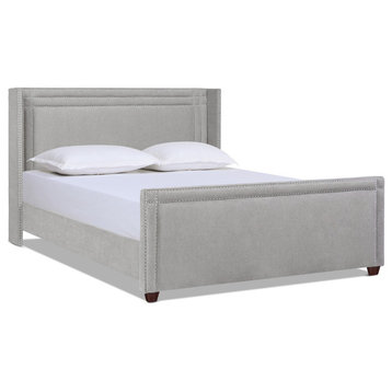 Elle Wingback Upholstered Panel Bed, Silver Grey Polyester, King