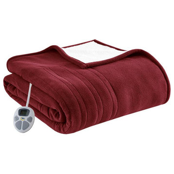 100% Polyester Fleece to Sherpa Heated Blanket, Burgundy, Queen size