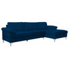 Elegant L-Shaped Sectional Sofa, Chrome Metal Feet & Oversized Chaise, Navy