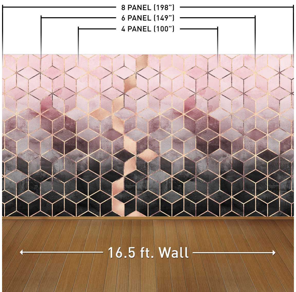 Pink Gray Gradient Cubes Wall Mural, 4 Panel, 100" wide