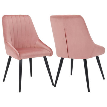 Set of 2 Vertical Channel Tufting Velvet Dining Chairs, Pink