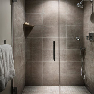 Foto di una stanza da bagno minimalista con doccia a filo pavimento, piastrelle grigie, piastrelle di cemento e pareti grigie