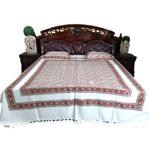Indian Floral Bed Cover Sheet Beige Decor Bedding Throw Queen Coverlet Set