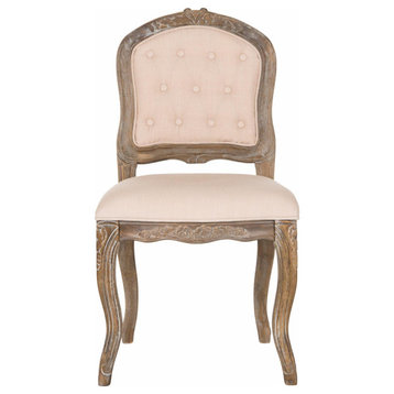 Set of 2 Dining Chair, Rustic Oak Wood Frame With Beige Linen Seat & Carved Legs