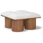 Meridian Furniture - Pavilion Black Boucle Fabric Bench, Cream, Walnut Brown Finish, 31" W X 36" D X 17.5" H - Bring valuable seating and remarkable style to your space with this cream Pavilion boucle fabric bench, an exquisite balance of style and usability for the entryway, bedroom, and beyond. Crafted from oak veneer with a walnut brown finish, this bench has a 4-inch-thick seat cushion that's channel-tufted for a touch of luxury. The bench's columnar bases add a dash of art deco design, making it a captivating focal point in any room.