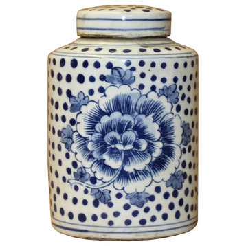 Chinese Blue White Ceramic Dots Flower Graphic Container Urn Jar Hws834