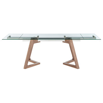 Donar Extension Table in Clear Tempered Glass Top and American Walnut Wood Base