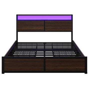 Metal Bed Frame -- FULL/ QUEEN Size, with/ without Drawers Under Bed, Brown, Queen Size Storage Bed