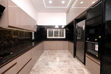 Luxury U-Shaped Acrylic Modular Kitchen | Hettich Pantry & Built-In Appliances