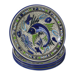 Le Souk Ceramique - Stoneware Pasta/Salad Bowls, Set of 4, Aqua Fish Design - Serving And Salad Bowls