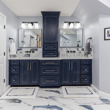 Bathroom remodeling in Columbia, MD with double vanity & marble bathtub