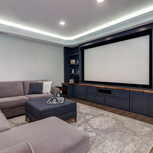 Design ideas for a medium sized classic walk-out basement in Raleigh with grey walls, lino flooring, no fireplace and brown floors.