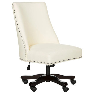 Contemporary Office Chair, Swiveling Padded Seat With Brass Nailhead Trim, Cream