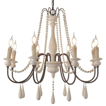 French Country Candle-Style Swag Wooden Bead Chandelier, White, 8-Light