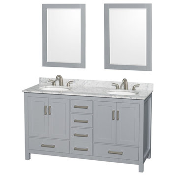 Sheffield 60" Gray DBL Vanity, Carrara Marble Top, UM Rd Sinks, 24" Mrrs