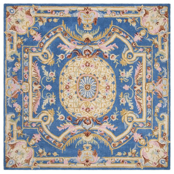 Safavieh Savonnerie 6' Square Hand Tufted Wool Rug in Blue and Ivory