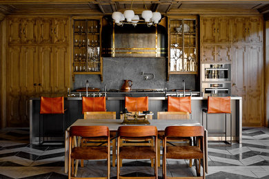 Inspiration for a huge timeless single-wall multicolored floor open concept kitchen remodel in San Francisco with a double-bowl sink, medium tone wood cabinets, gray backsplash, stainless steel appliances and an island