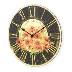 Le Jardin Red Poppy 24" Round Decorative Antique Designed Dial Clock - Wall Clocks