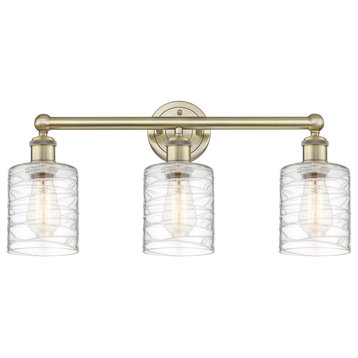 Edison Cobbleskill 3-Light 23" Vanity Light, Antique Brass With Deco Swirl Shade