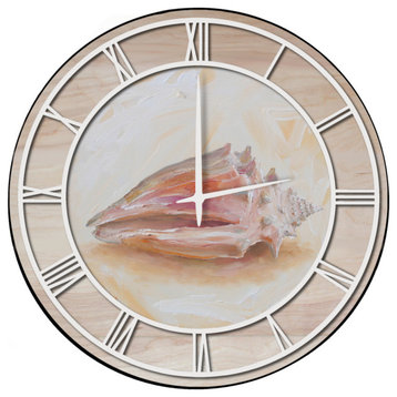 Wall Clock, Sea Shell 2, 24"x24", White, Woodgrain Accent