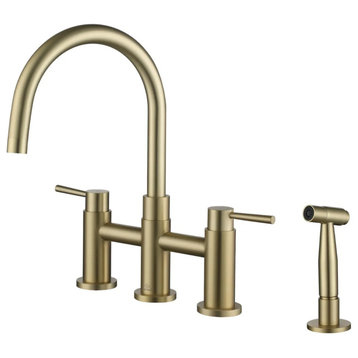 Bridge Kitchen Faucet 2-Handle with Side Sprayer Pull Down Sprayer Brushed Gold