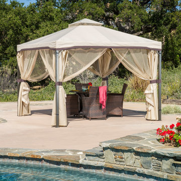 Contemporary Outdoor Patio Gazebo Canopy w/ Beige Net Drapery