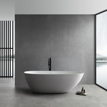 Stone Resin Solid Surface Freestanding Bathtub Soaking Tub, 67", Matte White