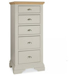 Bentley Designs - Hampstead Soft Grey and Pale Oak Furniture 5-Drawer Tallboy Chest - Hampstead Soft Grey & Pale Oak 5 Draw Tallboy Chest offers elegance and practicality for any home. Soft-grey paint finish contrasts beautifully with warm American Oak veneer tops, guaranteed to make a beautiful addition to any home.