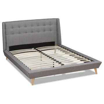 Mid Century King Platform Bed, Slatted Support & Tufted Wing Headboard, Gray
